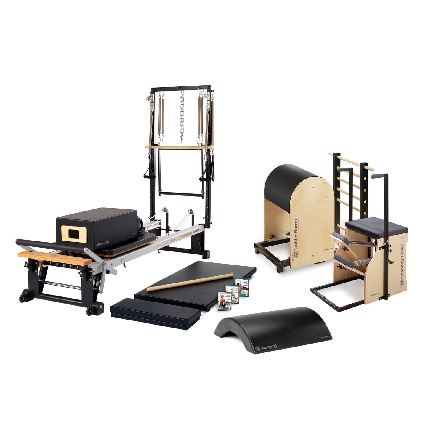 One-On-One Studio Bundle Includes 1 ea: V2 Max Plus Reformer, Mat Converter, Padded Platform Extender, Reformer Box, Maple Roll-Up Pole, Split-Pedal Stability Chair with Handles, Arc Barrel, Ladder Barrel