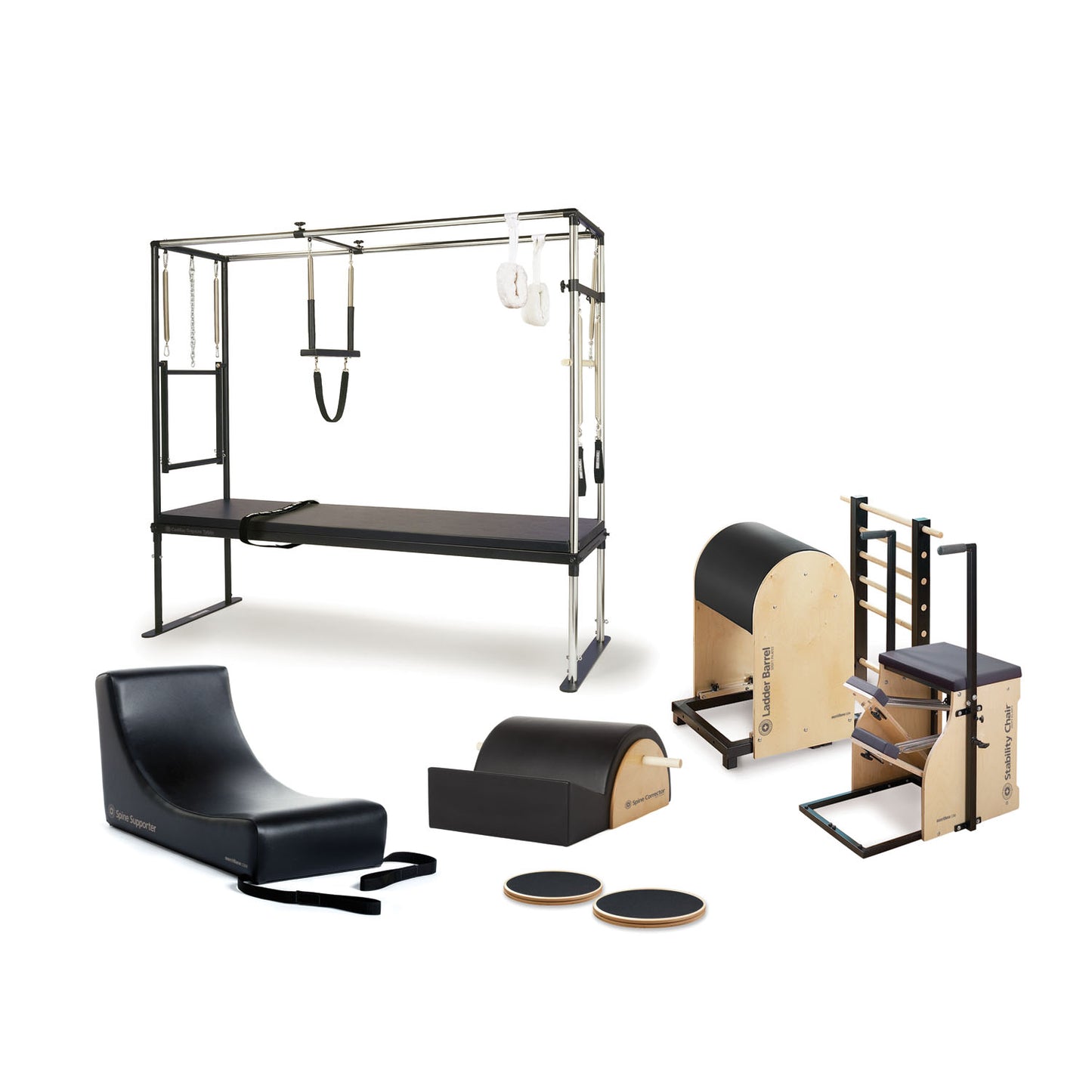 Pilates Rehab Studio 2 Cadillac, Chair & Barrel Includes 1 ea: Cadillac Trapeze Table, Split-Pedal Stability Chair with Handles, Ladder Barrel, Spine Supporter, Spine Corrector, Pair 12" Rotational Disks