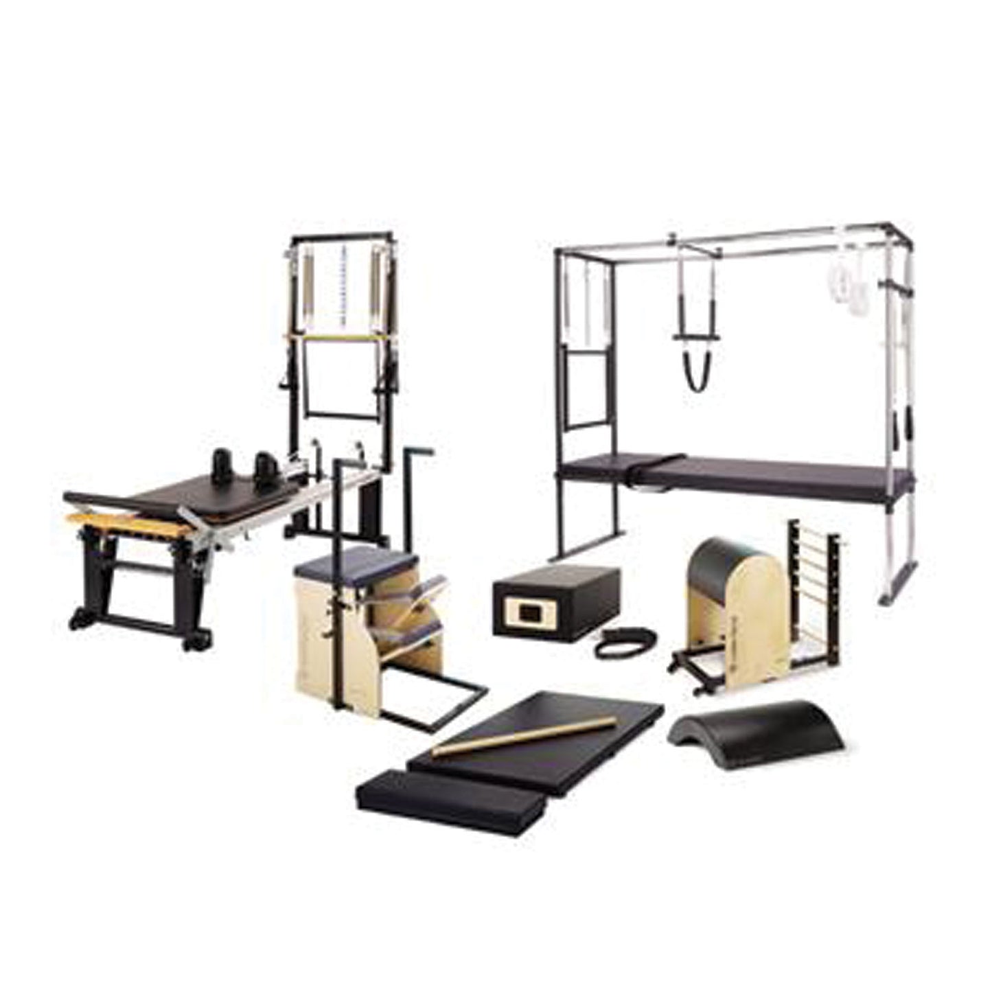 Rehab Enhanced One-On-One Studio Bundle Includes 1 ea: Rehab V2 Max Plus Reformer, Cadillac Trapeze Table, Mat Converter, Padded Platform Extender, Reformer Box, Maple Roll-Up Pole, Split-Pedal Stability Chair, Ladder Barrel, Arc Barrel (Price subject to change without notice)