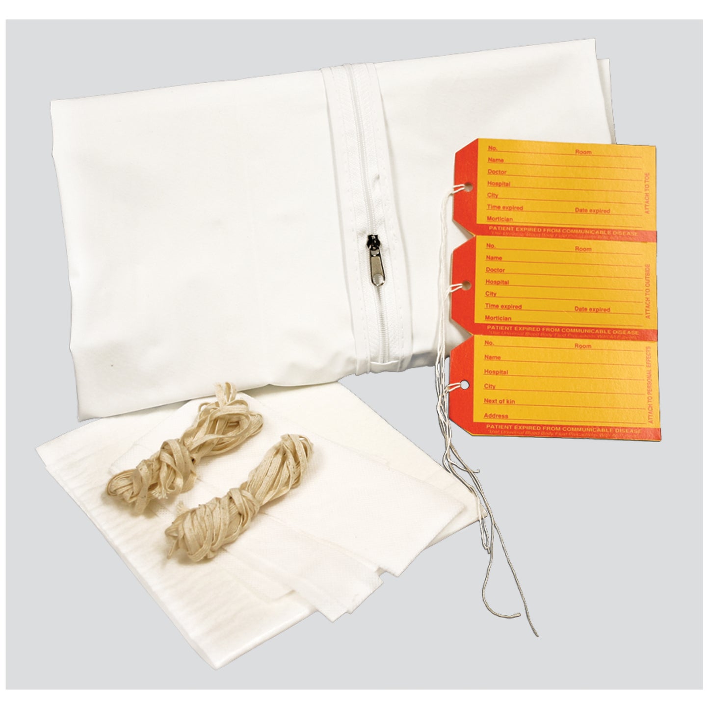 Pediatric Cadaver Bag, 28" x 46", White, Straight Zipper, 3 White & 3 Yellow ID Tags, Plus 1 Chin Strap, 2 Cellulose Pads, 2-60" Ties, 3-36" Ties & Instruction Sheet, 5 mil Vinyl, 10/cs