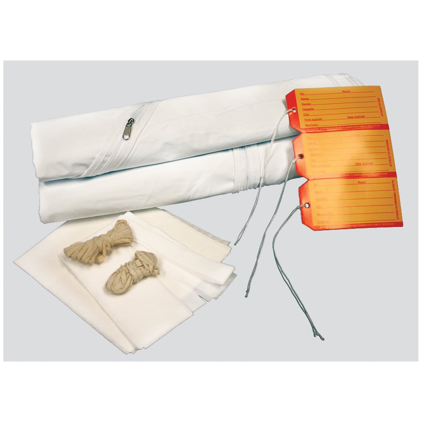 Adult Cadaver Bag, 36" x 90", White, Curved Zipper, 3 White & 3 Yellow ID Tags, Plus 1 Chin Strap, 2 Cellulose Pads, 2-60" Ties, 3-36" Ties & Instruction Sheet, 5 mil Vinyl, 10/cs