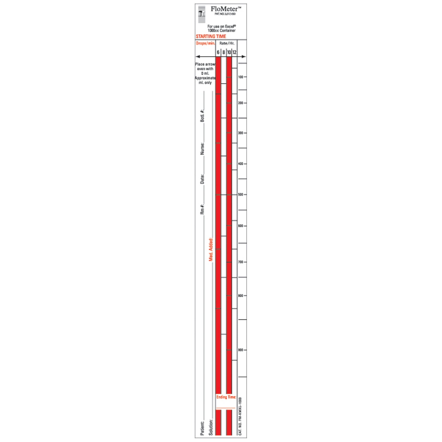 Flo-Meter Labels For IV Containers, Excel (Kendall-McGaw) Standard Style, 1_" x 10_", For 1000mL Container, 1,000/bx