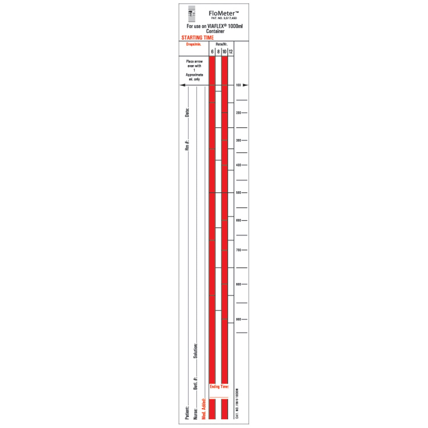 Flo-Meter Labels For IV Containers, Viaflex (Baxter) Wide Style, 1_" x 10_", For 1000mL Container, 1,000/bx
