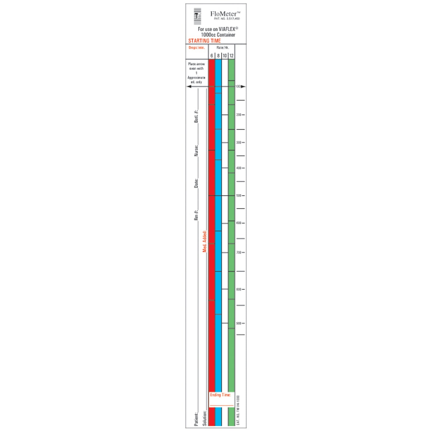 Flo-Meter Labels For IV Containers, Viaflex (Baxter) 4-Color Style, 1_" x 10_", For 1000mL Container, 1,000/bx
