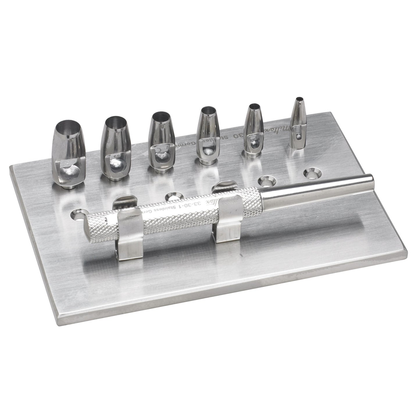 Keyes Dermal Punch Set, 3_" Handle, Screw-In Keyes Knives 2,3,4,5,6 & 7mm Mounted on Storage & Sterilization Rack