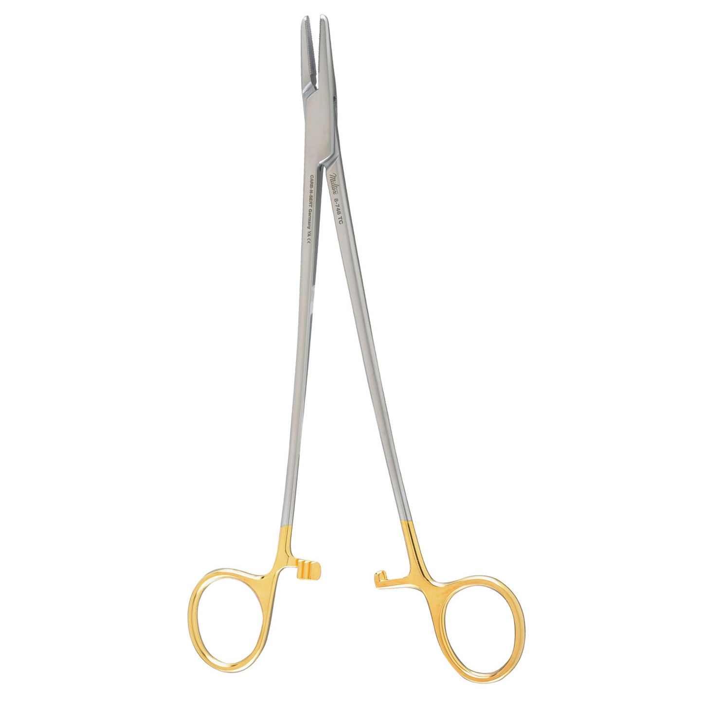 Mayo-Hegar Needle Holder, 8", Quick Release Ratchet, Serrated, Carb-N-Sert T.C. Jaws