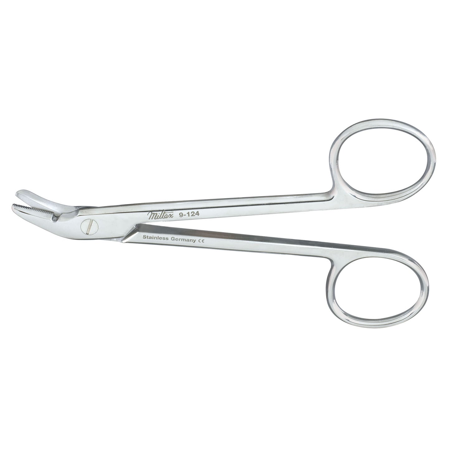 Wire Cutting Scissors, 4_", One Serrated Blade, Carb-N-Sert, Angled To Side