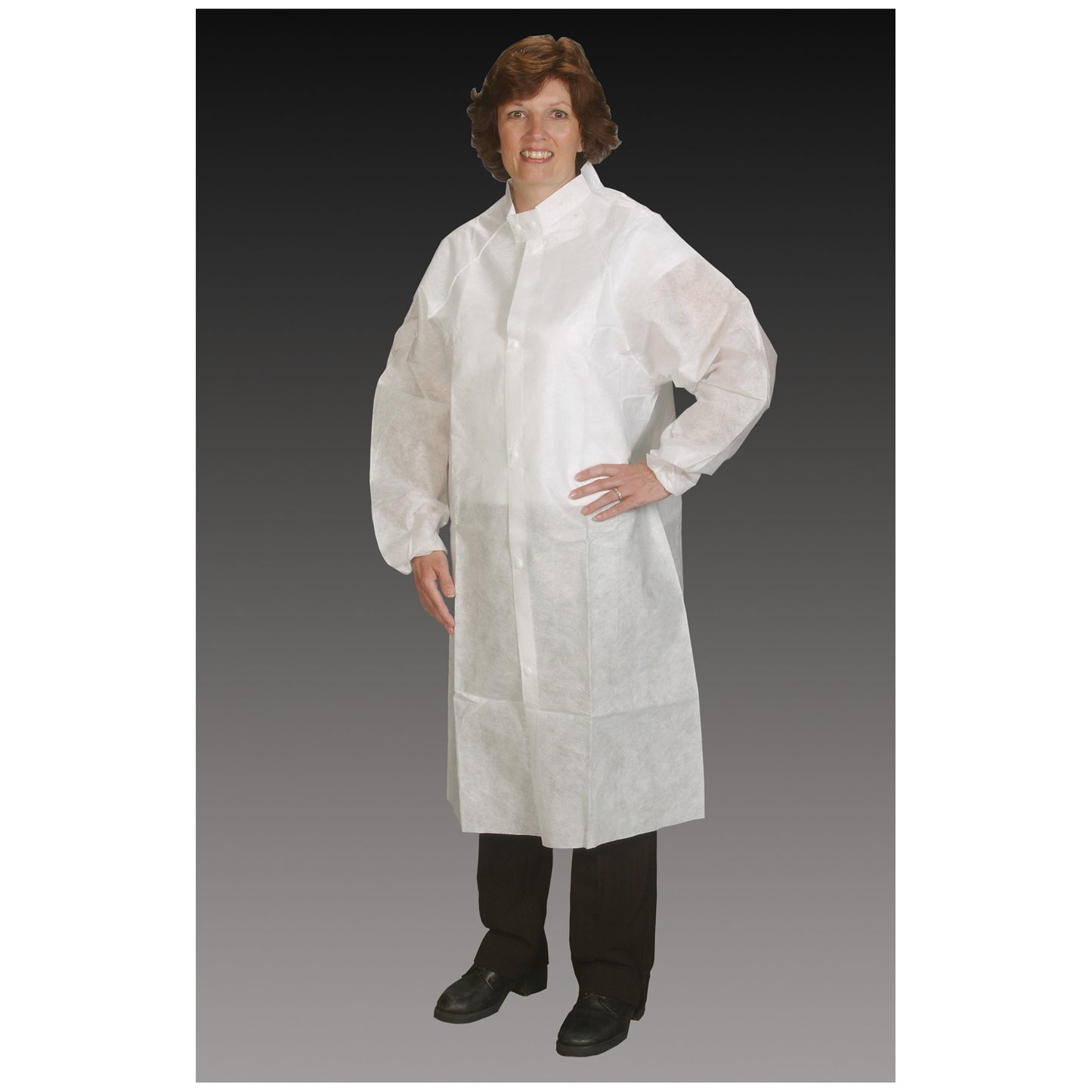 Frock Lab Coat, Small/ Medium, White, Elastic Wrist, Snap Collar, Snap Close, 25/cs