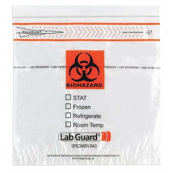 Transport Bag, Biohazard Symbol, Frozen, Refrigerate, Room Temp, 10" x 10", Clear/ Black/ Orange, Zip Closure, 100/bx, 10 bx/cs