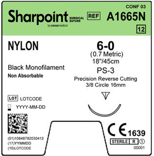 Nylon Suture, Monofilament, Reverse Cutting, Size 6-0, 18"/45cm, 16mm, 3/8 Circle, 12/bx