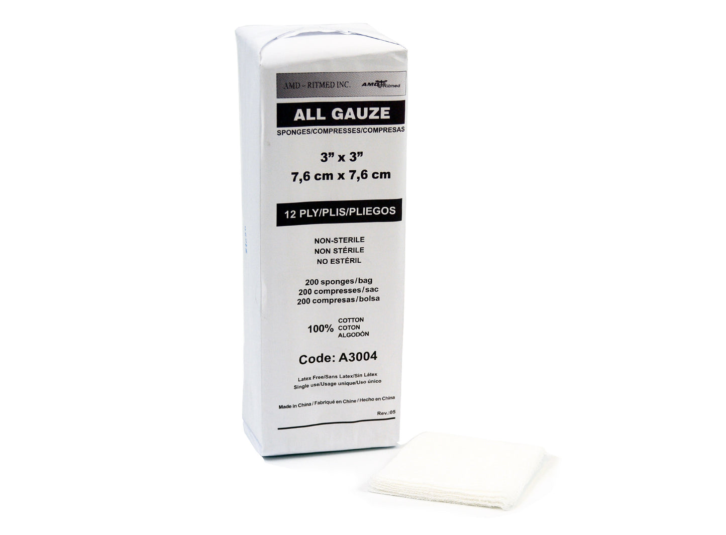 Gauze Sponge, 3" x 3", 12-Ply, Non-Sterile, 200/bg, 20 bg/cs