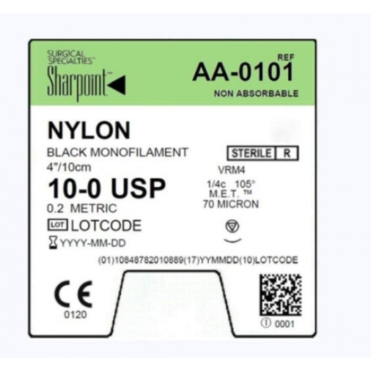 10/0 Nylon Suture, Black Mono, 4"/10cm, VRM4, 4mm 1/4 Circle, 12/bx