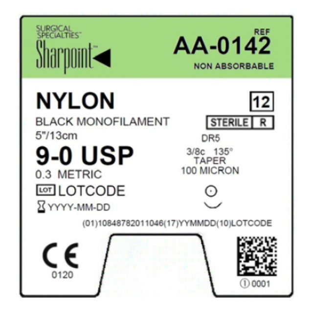 10/0 Nylon Suture, Black Mono, 5"/13cm, DR5, 5mm 3/8 Circle, 12/bx