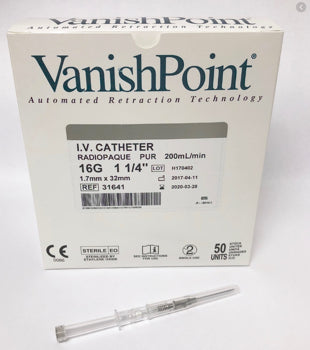 Safety IV Catheter, 16G x 1 1/4", Radiopaque PUR, 50/bx, 4 bx/cs