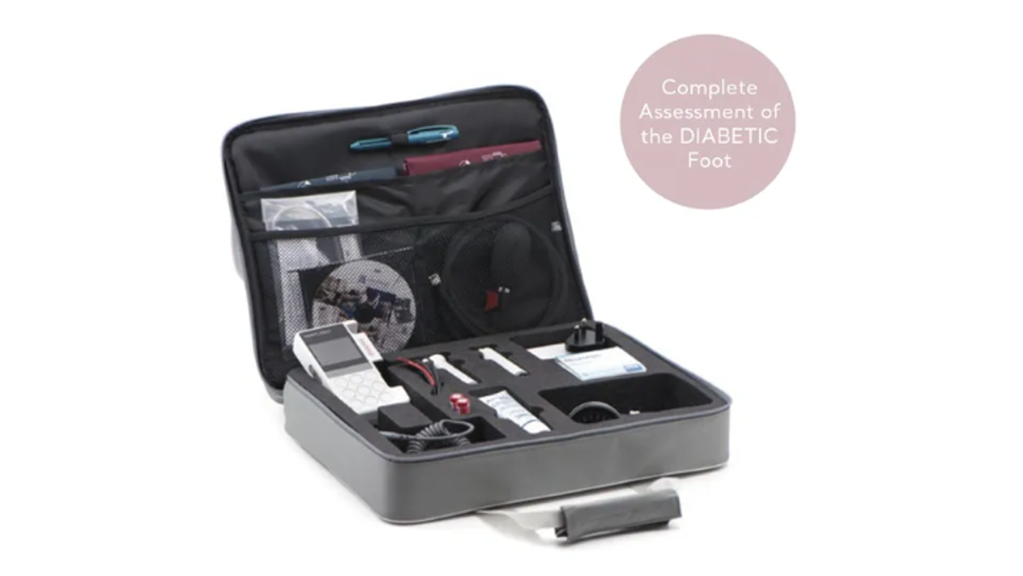 Ankle and Toe Pressure Kit, Includes: DMX Digital Doppler, Medical Grade Recharging Kit, EX8XS widebeam 8 MHz Doppler Probe, APPG Probe and Adaptor, Toe Cuffs and Inflator, Arm/Ankle Cuffs (standard and large, latex-free), Trigger-operated Sphyg, Neuropen and Box of Tips (Includes 10g Monofilament), Educational CD, Large Carry Bag (US Only)
