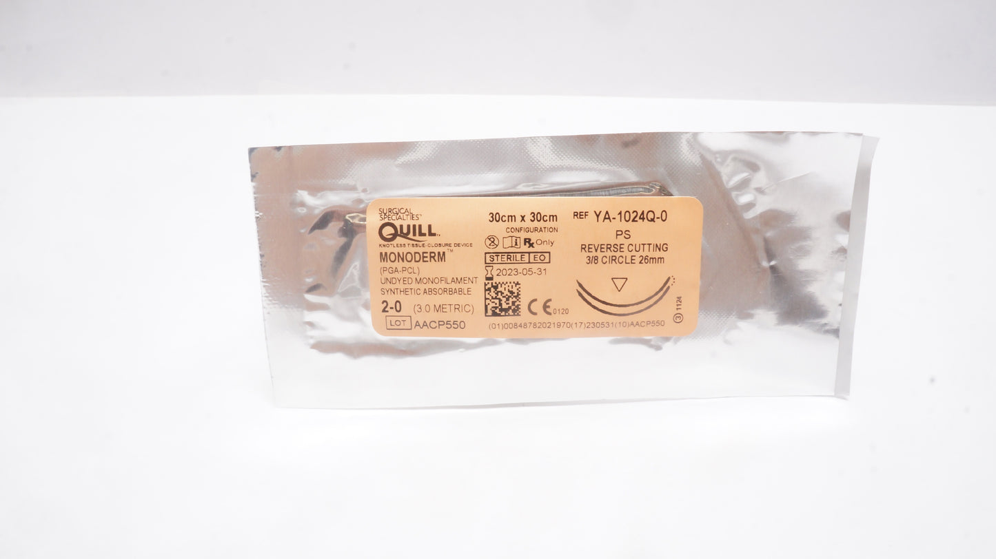 Monoderm Suture, Diamond Point, Size 2-0, 30cm x 30cm, 26mm, 3/8 Circle, 12/bx