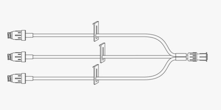 MaxZero Extension Set, Microbore, Trifuse, (3) Bonded Needle-Free Connectors, (3) Slide Clamps (red, white, blue), Spin Male Luer Lock, 4" Length, 0.6 ml, Not Made with DEHP, Sterile, 50/cs (Continental US Only) (Drop Ship Requires Pre-Approval)