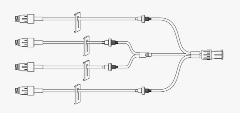 MaxZero Extension Set, Minibore, Quadfuse, (4) Bonded Needle-Free Connectors, (4) Check Valves, (4) White Slide Clamps, Trifurcated Male Luer Lock, 7.5" Length, 1.50 ml, Not Made with DEHP, Sterile, 50/cs (Continental US Only) (Drop Ship Requires Pre-Approval)