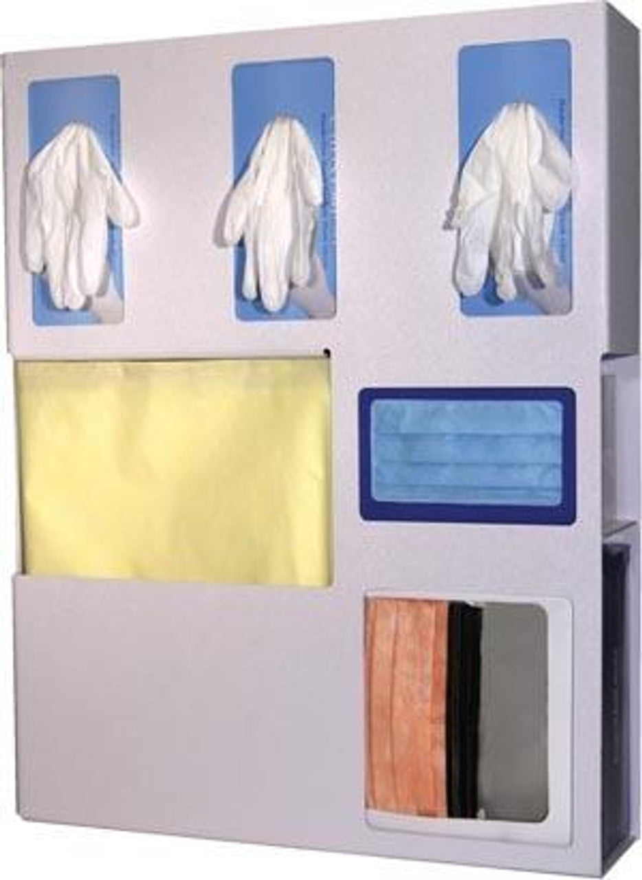 Protection System, Holds Flat Pack or Launderable Gowns, 3 Boxes of Gloves, 1 Box of Earloop Style Face Masks, Keyholes for Wall Mounting, or Cutout for Use with Wall or Door Hanger, Quartz-Beige, Powder-Coated Aluminum