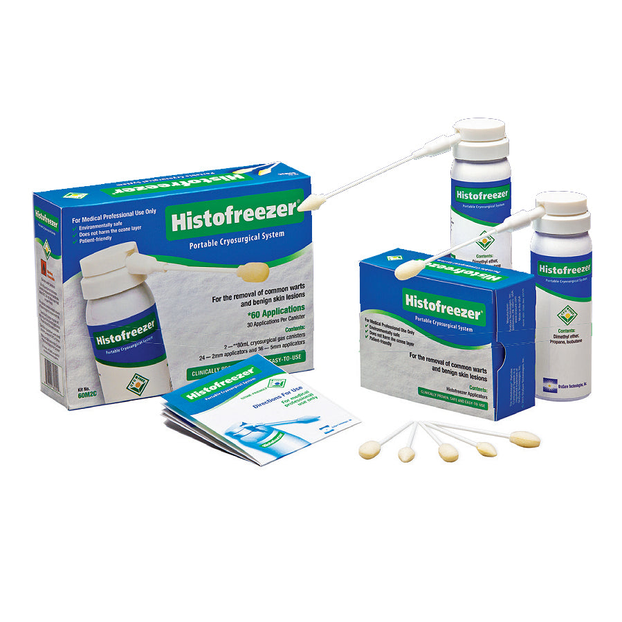 Histofreezer Kit, 60M2C+10, Contains: (2) Canisters of Cryogen, (46) 5mm Applicator Buds, (24) 2mm Applicator Buds, (1) Instructions for Use, (1) Information Card, for 70-140 Treatments (US Only) (Item is considered HAZMAT and cannot ship via Air or to AK, GU, HI, MP, PR, VI)