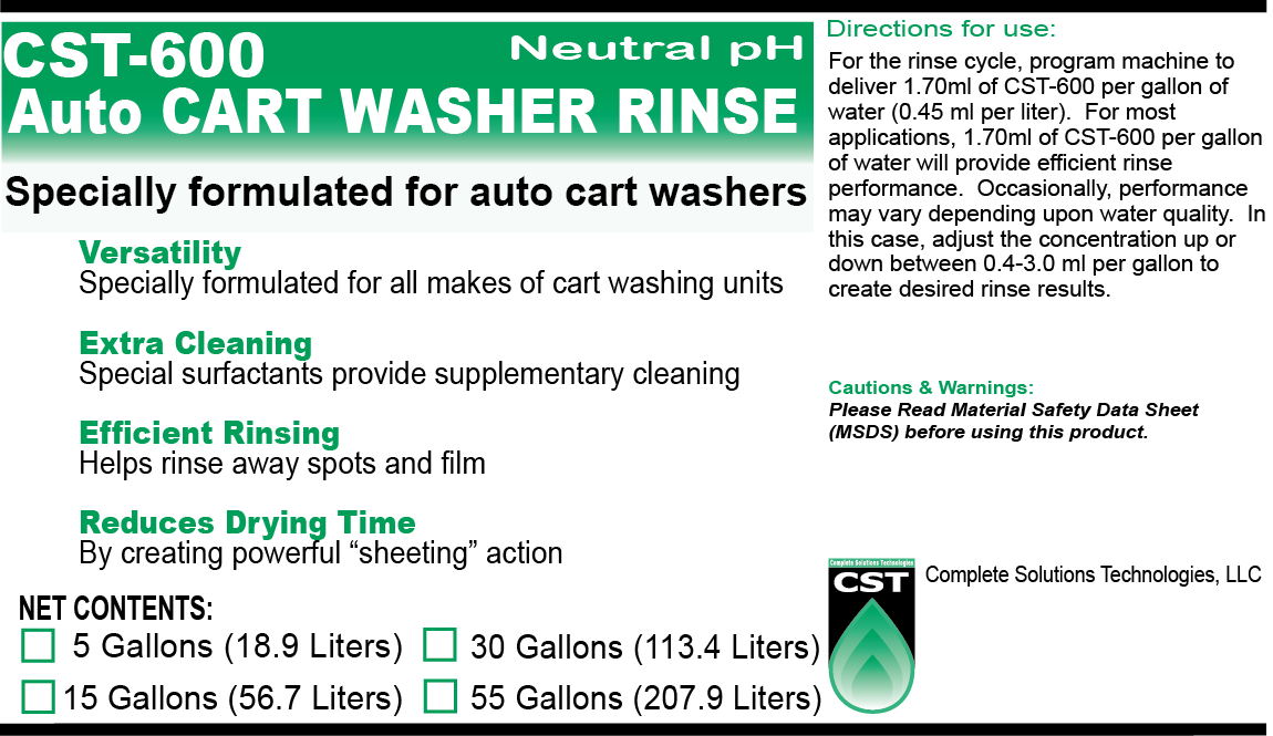 Cart Rinse and Drying Agent, 5 Gal