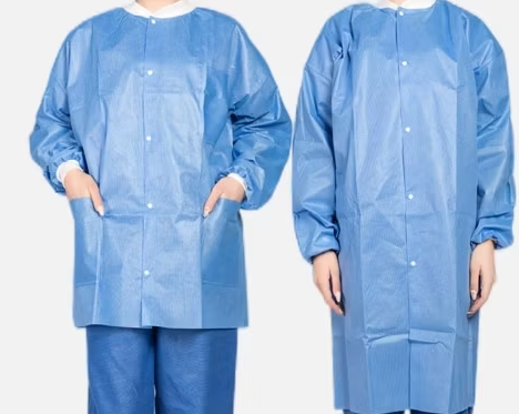 Lab Coat, Disposable, Small, Knee Length, Light Blue, White Knit Collar & Cuffs, 5 White Snaps, 3 Pockets, PP, 10/bg, 10 bg/cs (DROP SHIP ONLY)