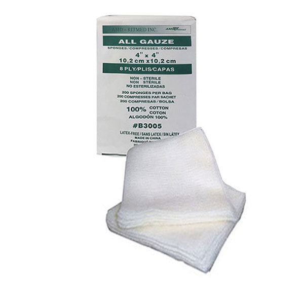 Gauze Sponge, 4" x 4", 8-Ply, Non-Sterile, 200/bg, 20 bg/cs