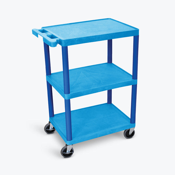 Cart, Three Shelves, Foam Plastic, Blue, 24"W x 18"D x 34"H, (4) 4" Casters (2 with Locking Brakes), Maximum Weight Capacity 400lbs (DROP SHIP ONLY)