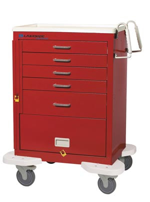 Cart, 5 Drawer, 9" Panel, Drawer Configuration: (4) 3", (1) 6", Breakaway Lock, 42_"H x 25"D x 32"W, Solid Red (DROP SHIP ONLY)