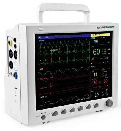 iM70 Patient monitor with 12'' touch screen and WiFi. Standard parameters- 3/5-lead ECG, RESP, NIBP, 2-TEMP, PR, HR, EDAN SpO2. Open CO2 and IBP ports. Printer installed (DROP SHIP ONLY)