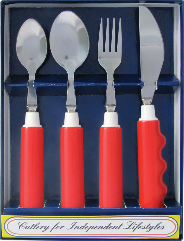 Comfort Grip Utensils Set of 4 (1) Fork; (1) Knife; (1) Soupspoon; (1) Teaspoon, Red Handle (A handling charge of $9.95 will be added to any order under $25.00) (DROP SHIP ONLY)