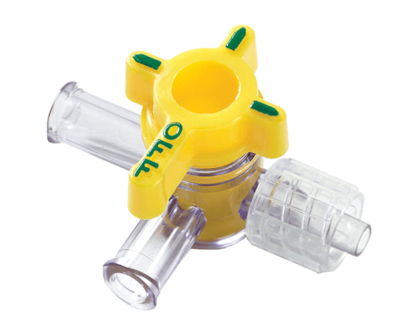 3-Way Hi-Flo Stopcock with Swivel Male Luer Lock, Non-DEHP Formulation, Latex-Free (LF), Lipid Resistant, Non-PVC, Yellow Handle, 50/cs (US Only)
