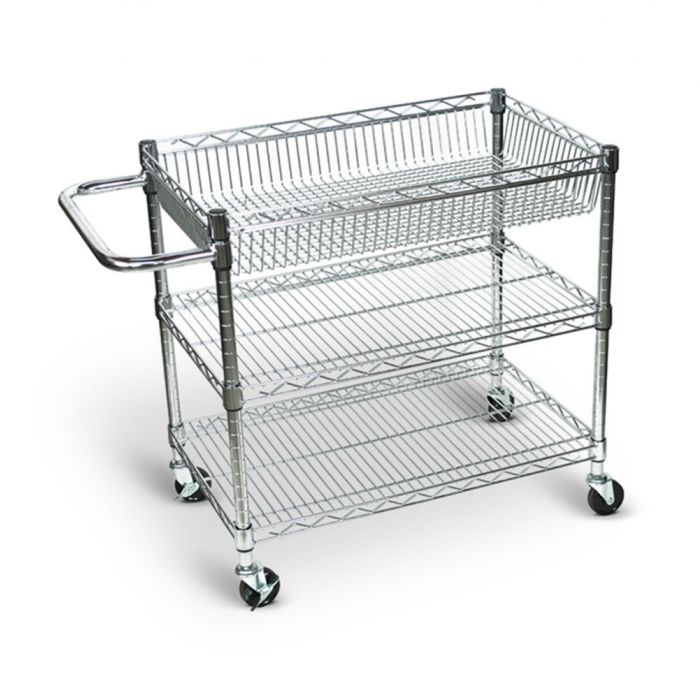 Wire Tub Cart, Three Shelves, Steel, Rolling, 30"W x 18"D x 30"H, 3" Casters Assembly Required
