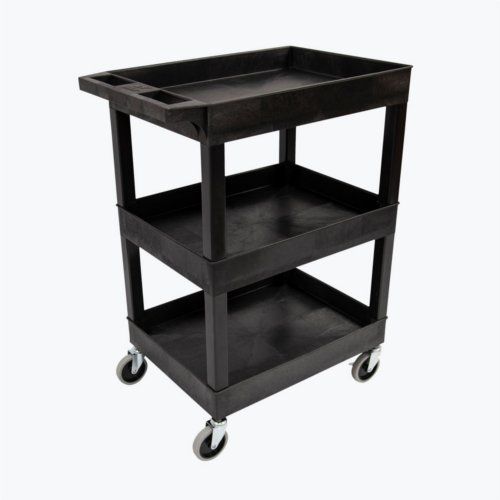 Tub Cart, Three Shelves (2.5" Deep each), Black, 24"W x 18"D x 36.25"H, with (4) 4" Full Swivel Casters (with 2 Locking Brakes), Maximum Weight Capacity 400lbs (DROP SHIP ONLY)