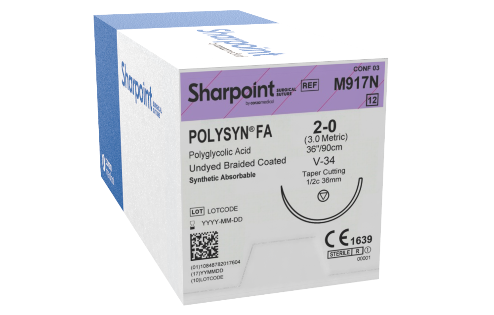 Polyglycolic Acid Suture, Braided, Taper Cutting, Size 2-0, 36"/90cm, 36mm, 1/2 Circle, 12/bx