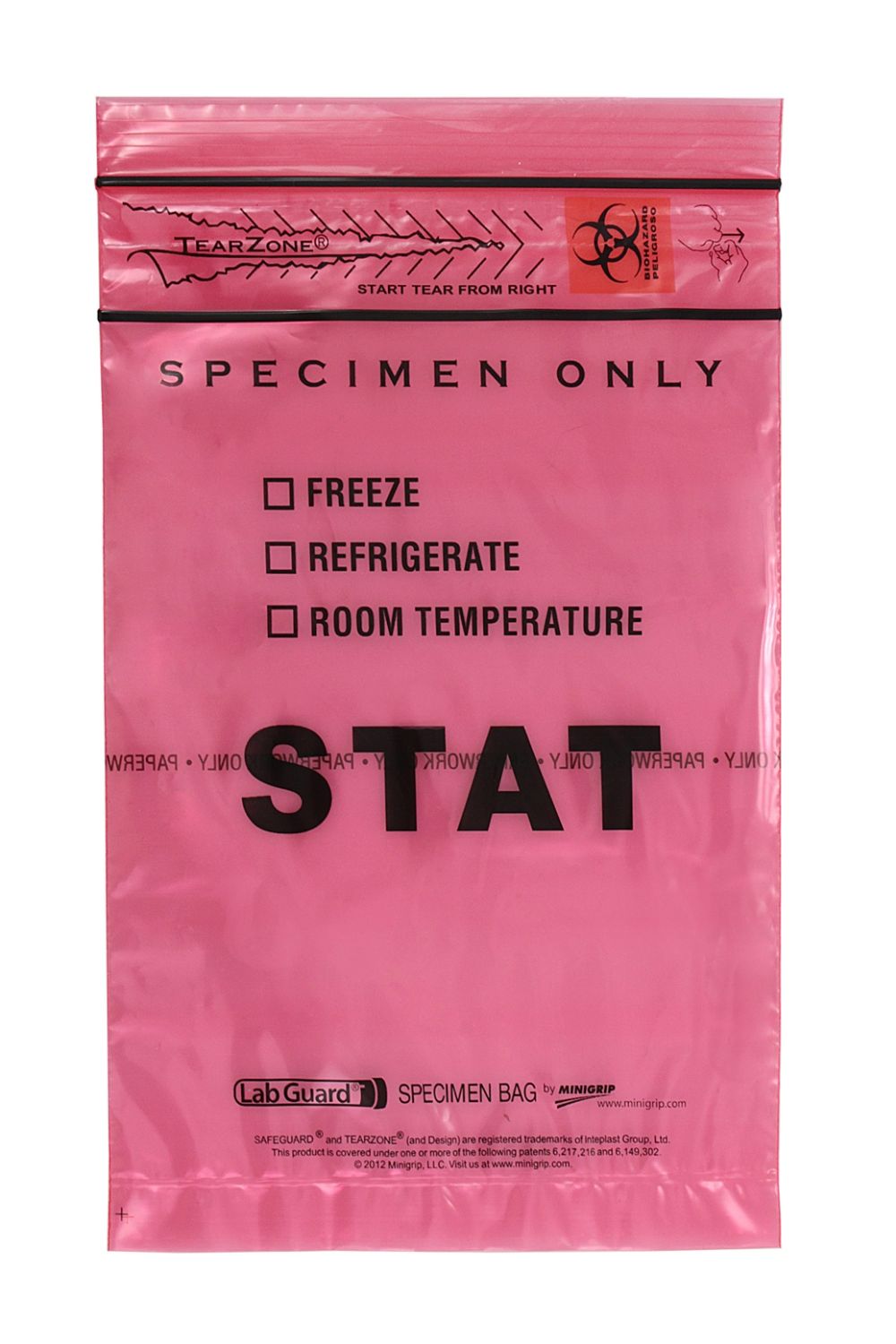 Lab Guard Standard, Single Zip Closure STAT, with Flap, 6 x 9, 2 Mil, Red Tint, TearZone, 100/pk, 10 pk/cs