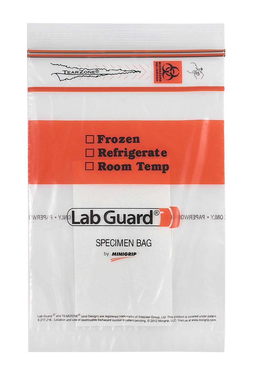Lab Guard Destroyable, Double Zip Closure with 3x5 Absorbant Pad Insert, No Flap, 6 x 9, 1.75 Mil, Clear/Black & Orange, 50/pk, 20 pk/cs