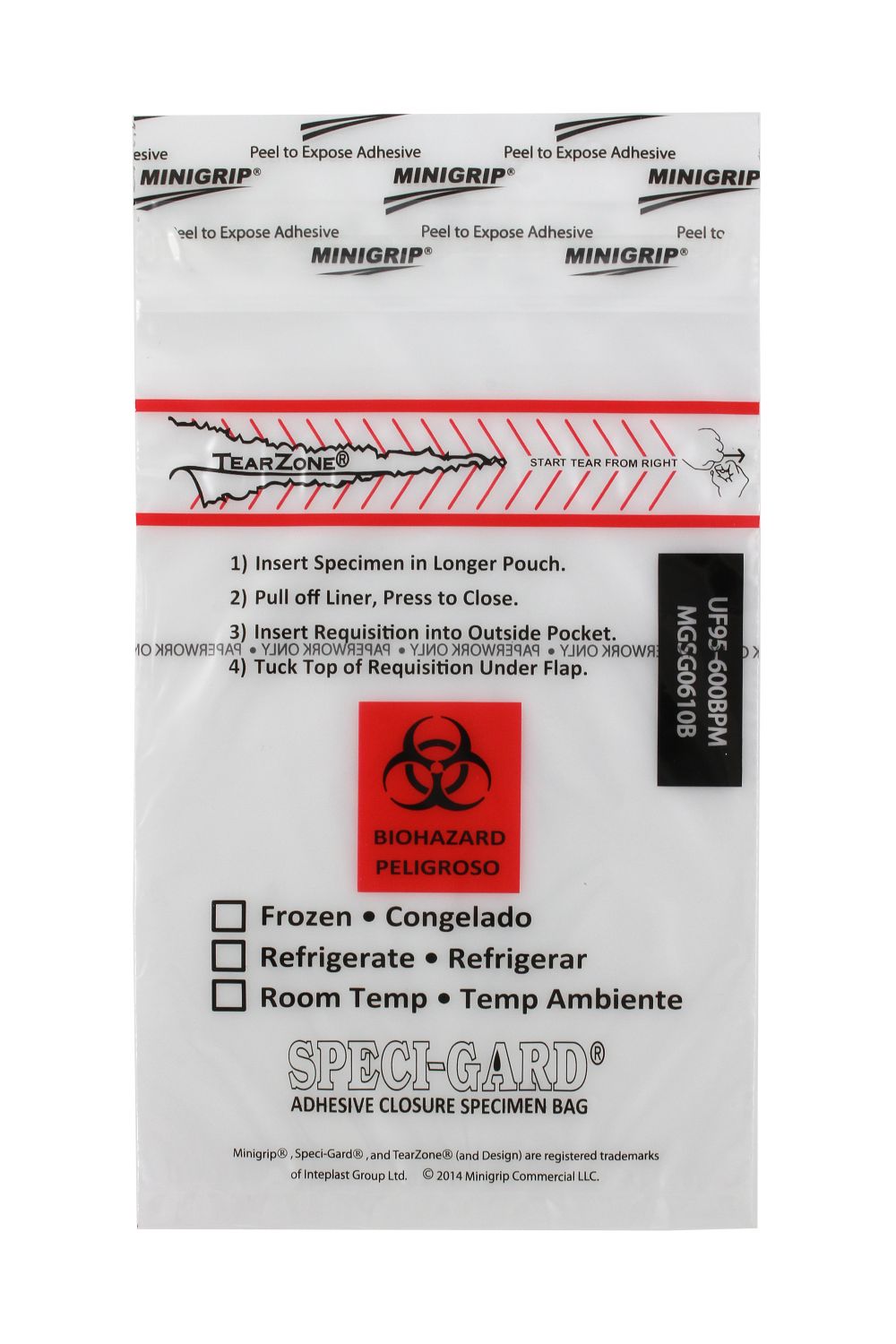 Speci-Gard Transport Bag, Permanent Adhesive Closure, 6 x 10, Clear/Black & Red, with Flap, Standard, 100/pk, 10 pk/cs