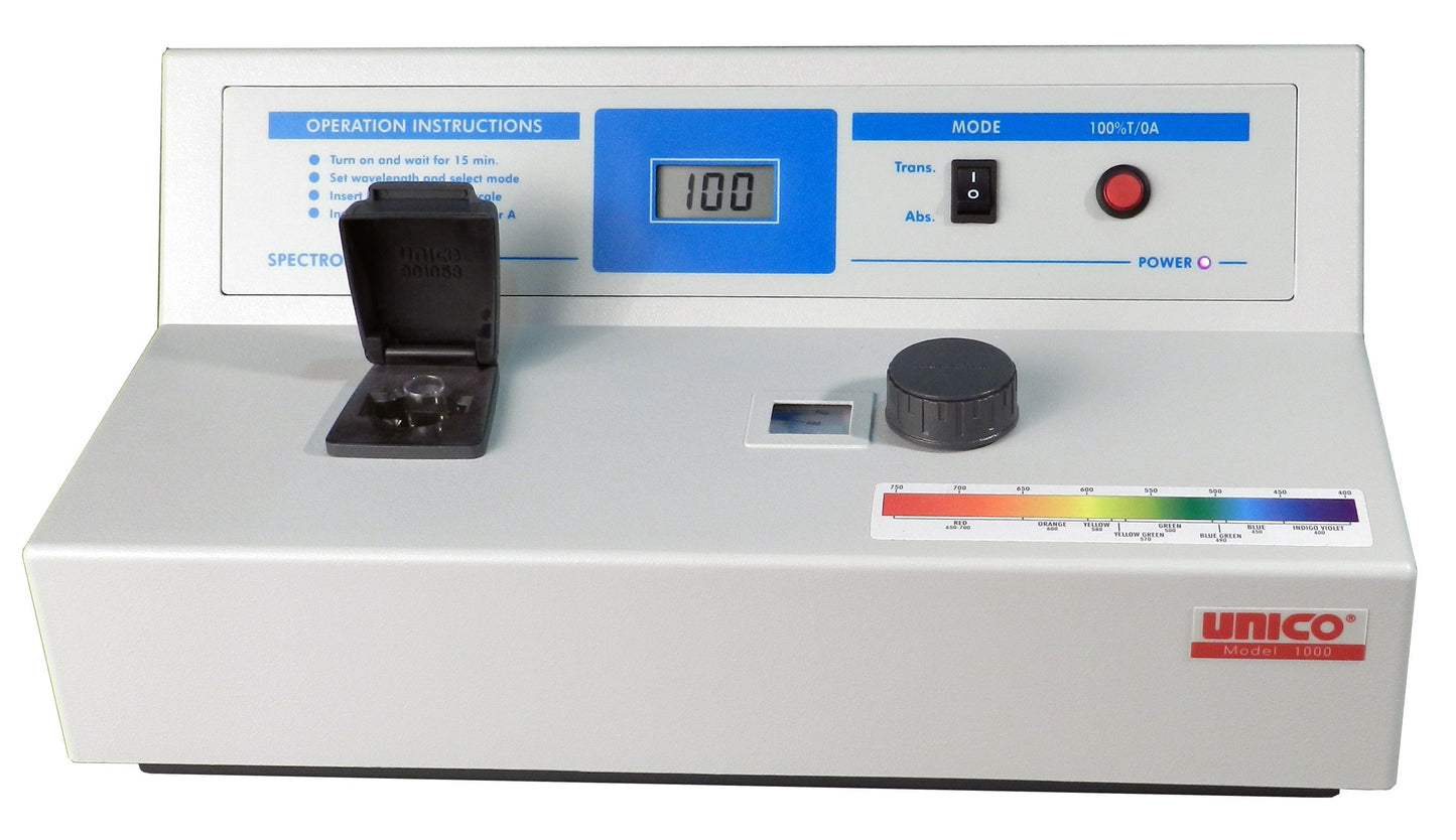 Spectrophotometer, 20 nm Bandpass, Wavelength Range 400-1000 nm, Voltage Preset at 110V, 10 mm Test Tube Cuvettes (Box of 12), 10 mm Square Cuvette Adapter, USB Port, Dust Cover, User Manual (US Only) (DROP SHIP ONLY)