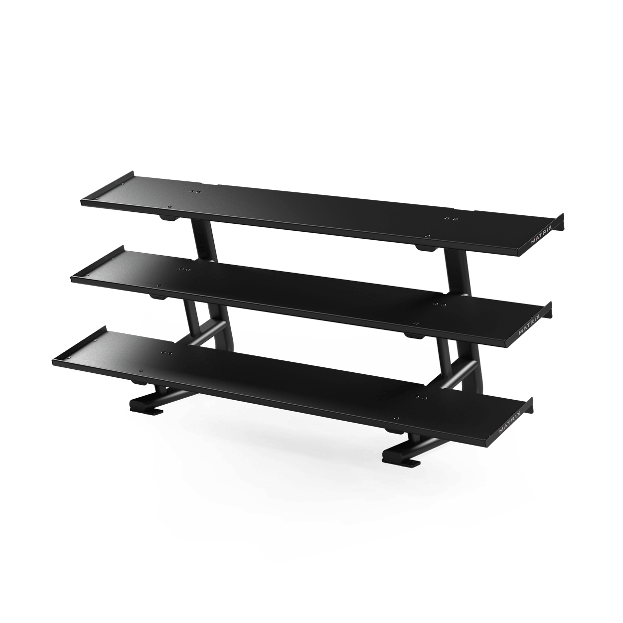 Magnum 3-Tier Flat-Tray Dumbbell Rack Iced Silver Frame with Black Pads Sales into Medical markets in U.S. only . No sales into Fitness markets