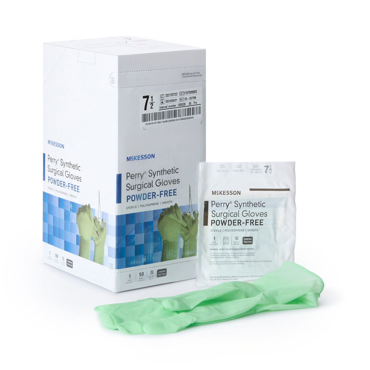 Surgical Glove McKesson Perry® Performance Plus Size 7.5 50 Pairs per Box Sterile Polyisoprene Standard Cuff Length Smooth Green Chemo Tested 50pr/bx, 4bx/cs (20-2075N)