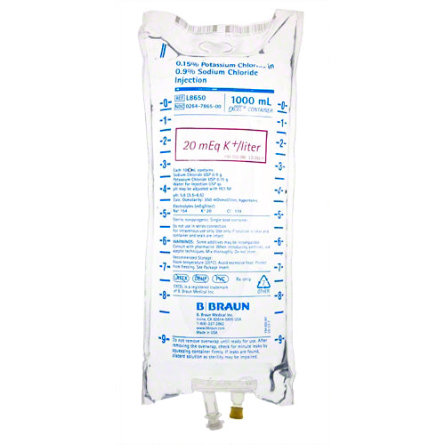 1000mL 0.15% Potassium Chloride in 0.9% Sodium Chloride Injection (Rx) (Item is Non-Returnable), 12/cs (48 cs/plt) (Minimum Expiry Lead is 60 days) (Continental US+HI Only, Excluding IN and ND)&nbsp;&nbsp;<Strong style="color:red">Max weekly quantity allowed: 10</Strong>