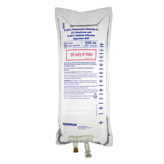 1000mL 0.22% Potassium Chloride in 5% Dextrose & 0.45% Sodium Chloride Injection (Rx) (Item is Non-Returnable), 12/cs (Continental US+HI Only, Excluding IN and ND)&nbsp;&nbsp;<Strong style="color:red">Max weekly quantity allowed: 10</Strong>
