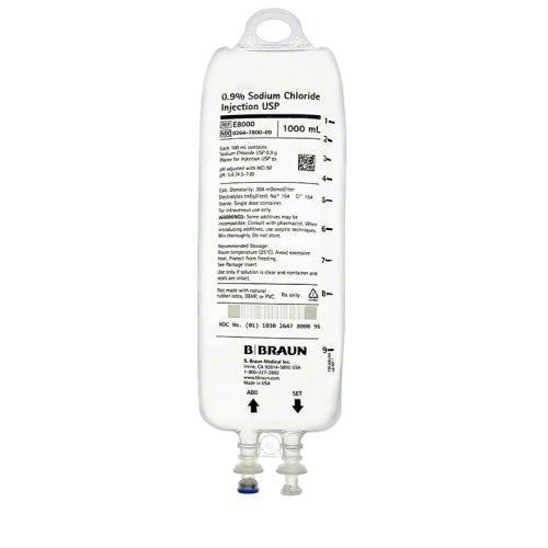 Sodium Chloride Injections, 0.9%, 1000mL (Rx), 12/cs (54 cs/plt) (Continental US+HI Only) (Item is on Manufacturer Allocation - Quantities may Limited)&nbsp;&nbsp;<Strong style="color:red">Max weekly quantity allowed: 10</Strong>