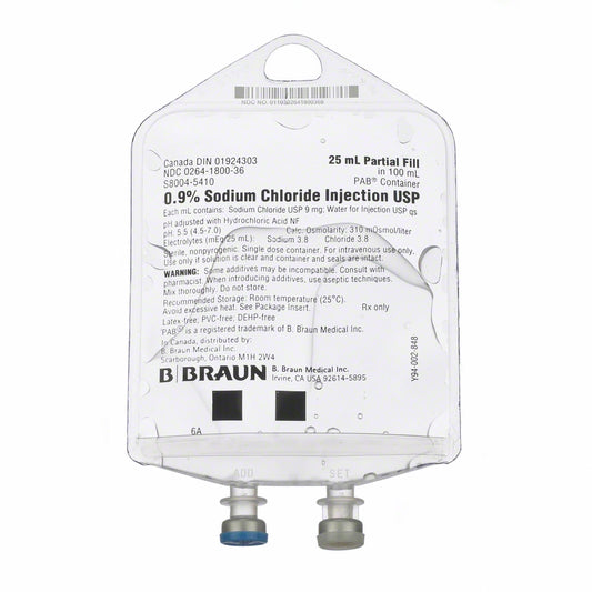 Sodium Chloride Injections, 0.9%, 25/100mL, PAB Container (Rx) (Item is Short-Dated; Non-Returnable), 116/cs (Continental US+HI Only, Excluding IN and ND)