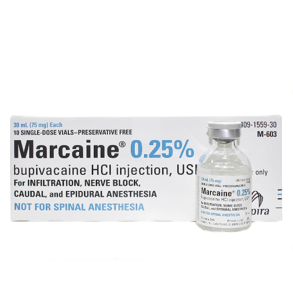 Marcaine (Bupivacaine Hydrochloride Injection, USP), 2.5 mg/ml, 30 ml Vial, Single Dose, Glass Fliptop Vial, 10/bx (Rx) (Item is Non-Returnable) (We must have your Wholesale Drug License on File before shipping this product) (US Only, Excluding IN and ND)