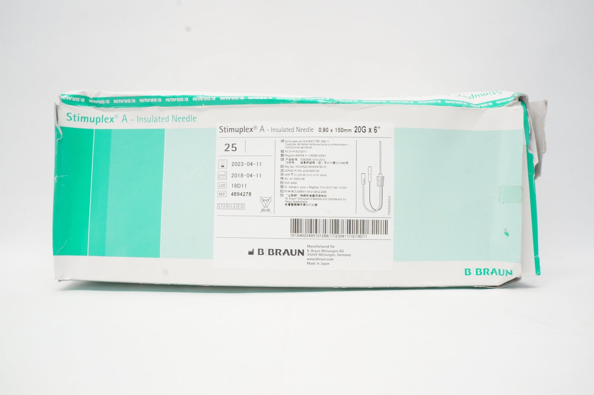 Insulated Needle, 20G x 6", Extension Set, For STIMUPLEX Nerve Stimulator, 25/cs (Rx) (Item is Non-Returnable) (Continental US+HI Only, Excluding IN and ND)
