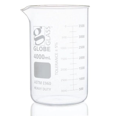 Beaker, Globe Glass, 4000mL, Low Form Griffin Style, Heavy Duty, Dual Graduations, ASTM E960, 1/bx (EA=BX)