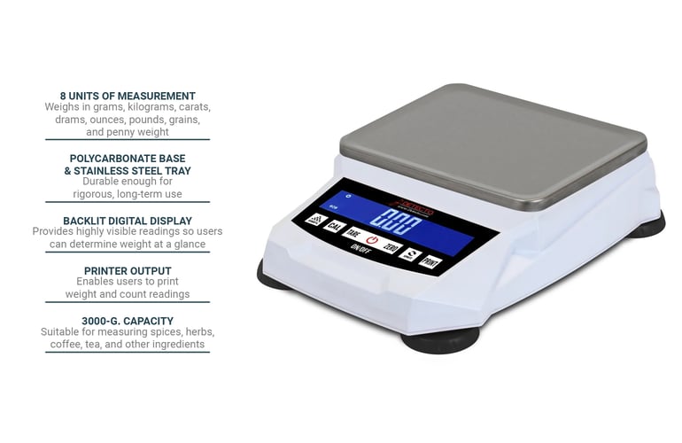 Digital Precision Balance Scale, 3000 g x e = 0.5 g / d = 0.05 g, 7.4 in W x 5.8 in D Platform (DROP SHIP ONLY)
