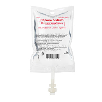 Heparin Sodium in 0.45% Sodium Chloride Injection, 100 units/ml, 250 ml Flexible Container, 30/cs (Rx) (Item is Non-Returnable) (We must have your Wholesale Drug License on File before shipping this product) (US Only, Excluding IN and ND)